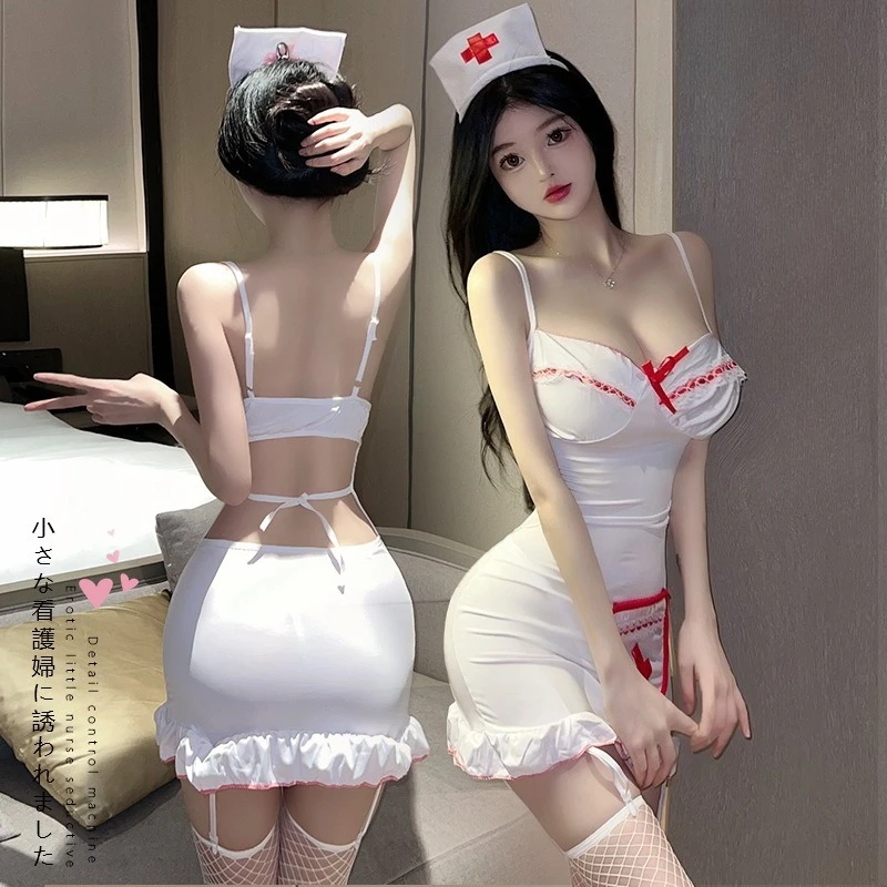 

Doctor Nurse Costume Cosplay Sexy White Dress Suspender Dresses Uniform with Hat Socks Full Set for Women Role Play Outfit