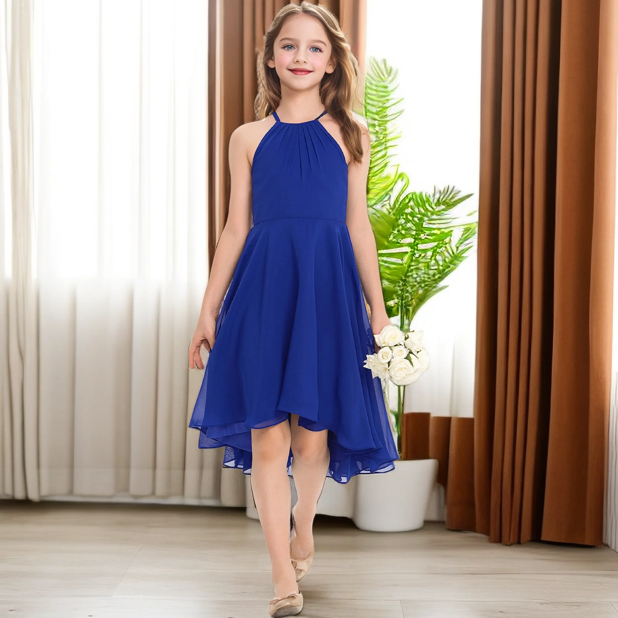 Kids Assymetrical Chiffon Junior Bridesmaid Dress Wedding Ceremony Banquet Prom Night Birthday Party Event Pageant Evening Gown