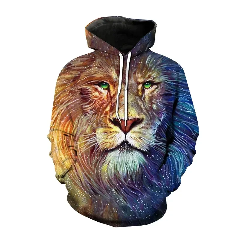 New Men Fashion Hooded 3D Printed Animal Lion Hooded Sweatshirts Casual Loose-fitting Long-sleeved Pocket Hooded Tops