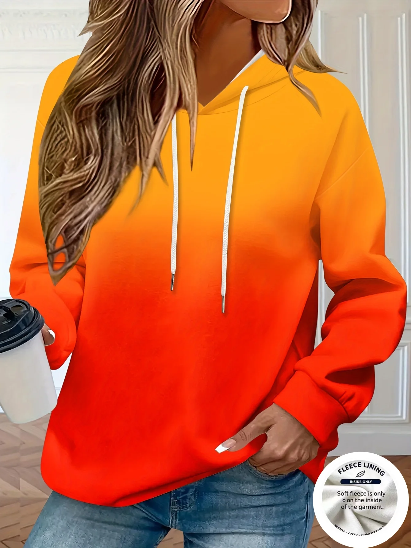 Women Fleece Hoodie Gradient Color Long Sleeve Drawstring Hooded Sweatshirt Casual Pullover