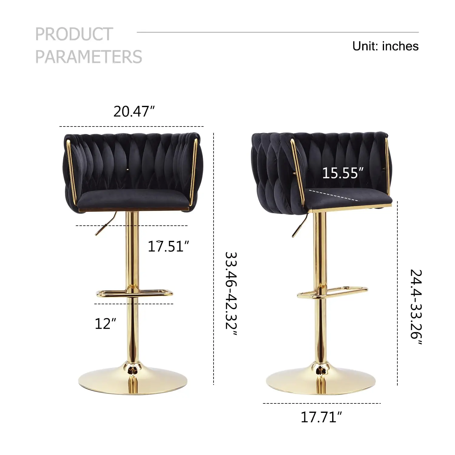 Black Velvet Bar Stools Set of 2 - Modern Adjustable Swivel Counter Height Chairs with Woven Back, Gold Metal Leg &, Customized
