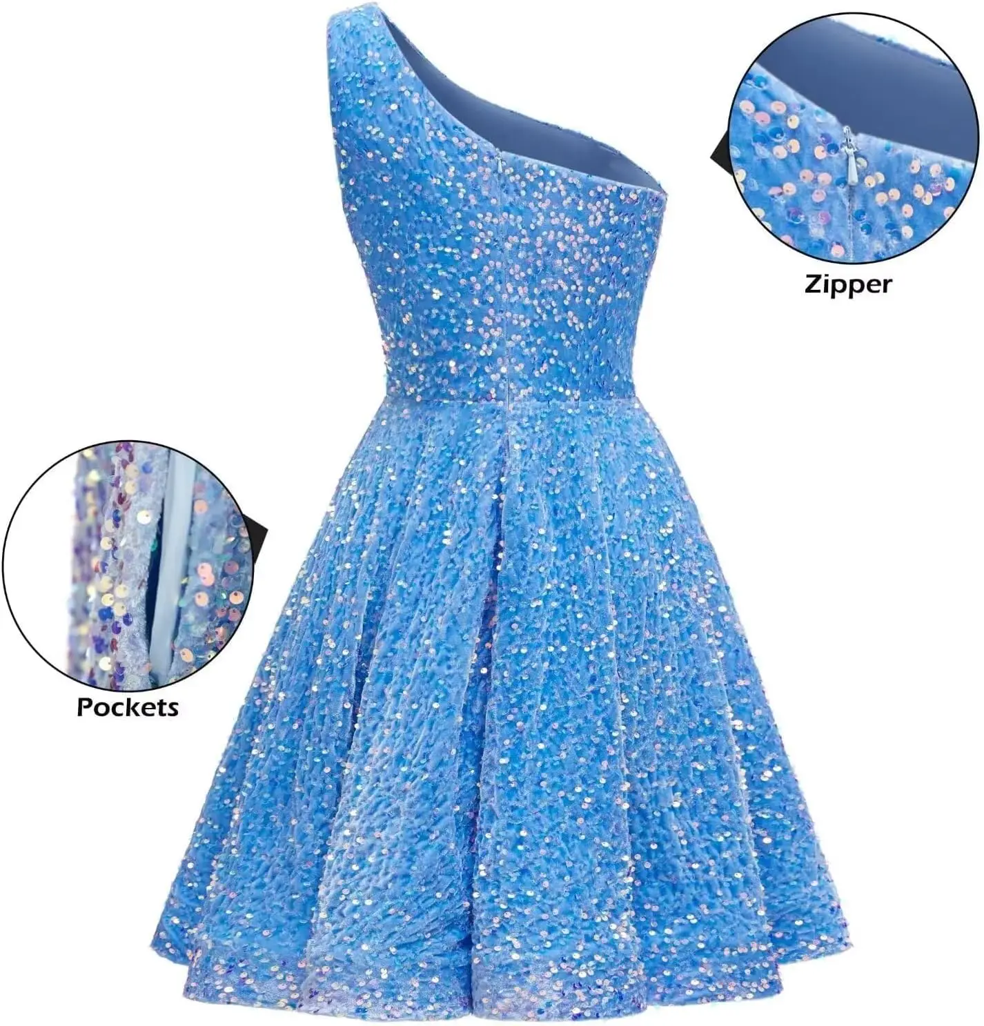 Vestido de baile de lantejoulas de um ombro para adolescentes brilhante curto baile de formatura vestido formal com bolsos vestido de formatura 2026