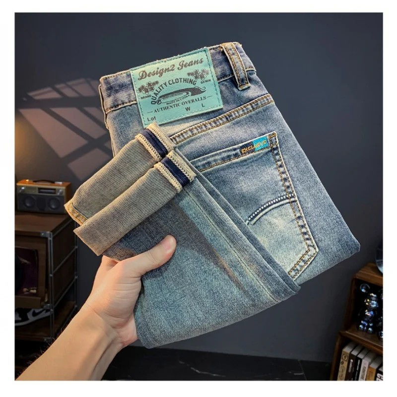 Celana jins pria musim panas, celana denim mode Semua cocok kasual dicuci, celana ketat melar Slim fit, katun kelas atas