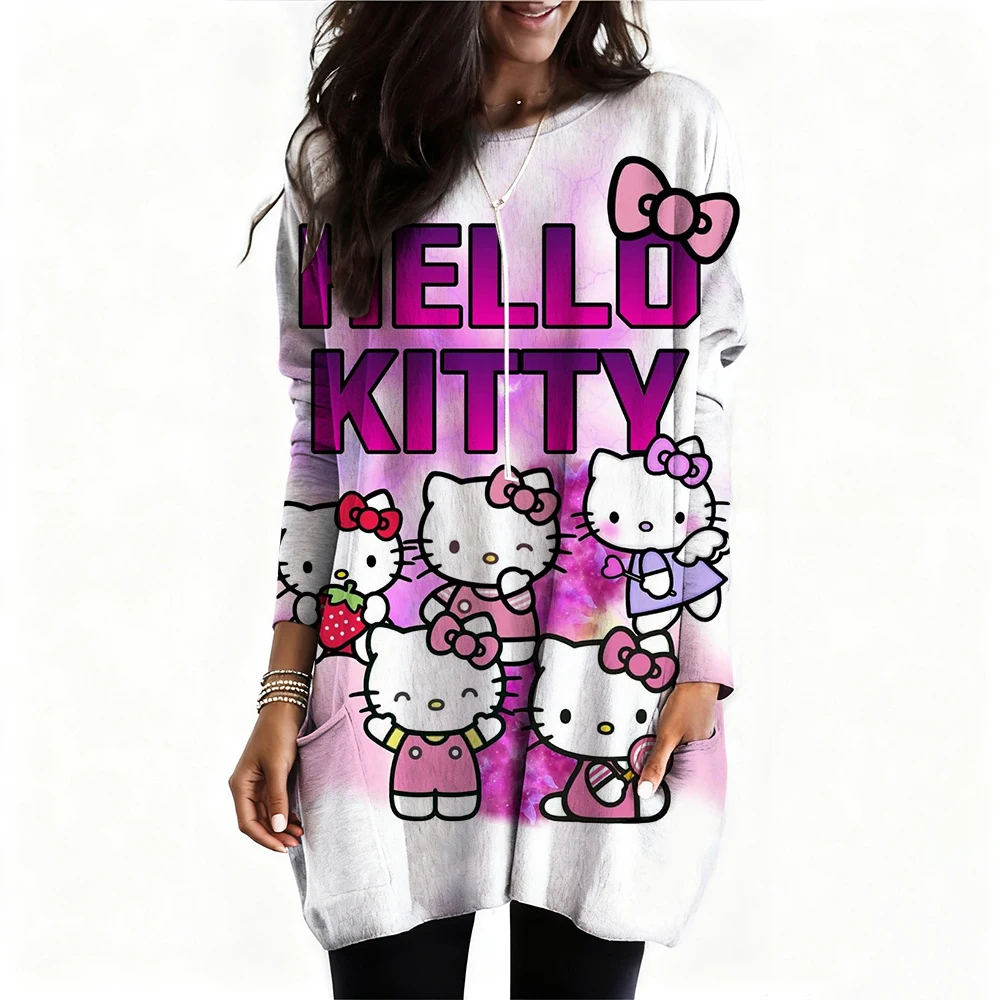 Damska koszulka z długim rękawem z nadrukiem gitary elektrycznej Hello Kitty firmy Sanrio, casualowa, modna na wiosnę/lato, wzór Y2K, z kieszenią.