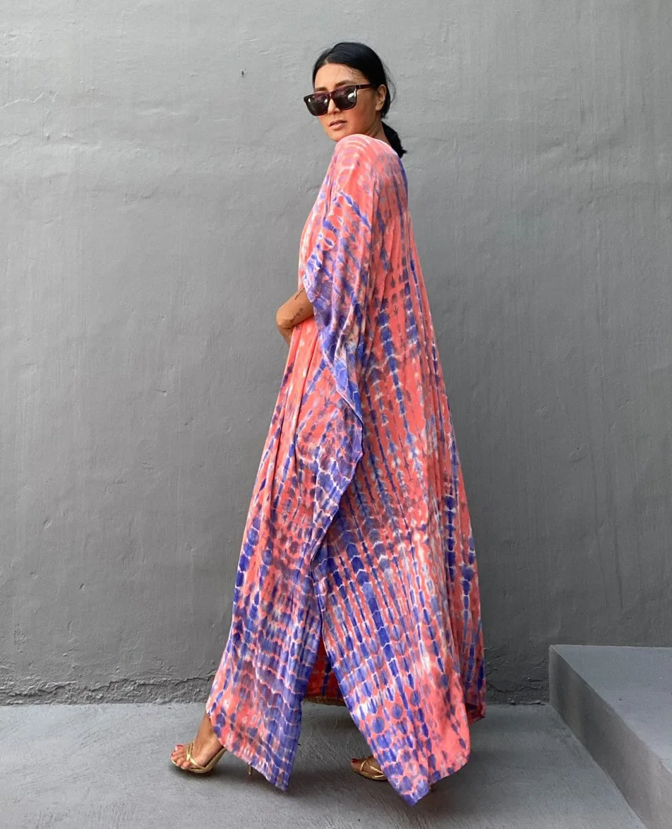 Plus Size Boho Cover Up damski Plus Tie Dye i Geo Print rękaw w kształcie skrzydła nietoperza dekolt z dekoltem w szpic okrycie plażowe sukienka