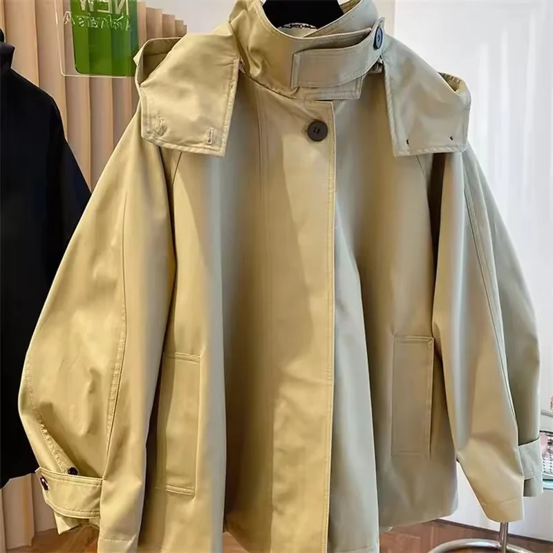 2025 Spring Autumn Oversized Casual Waterproof Khaki Windbreaker Women Long Sleeve Hood Drawstring Zipper Trench Coat Female