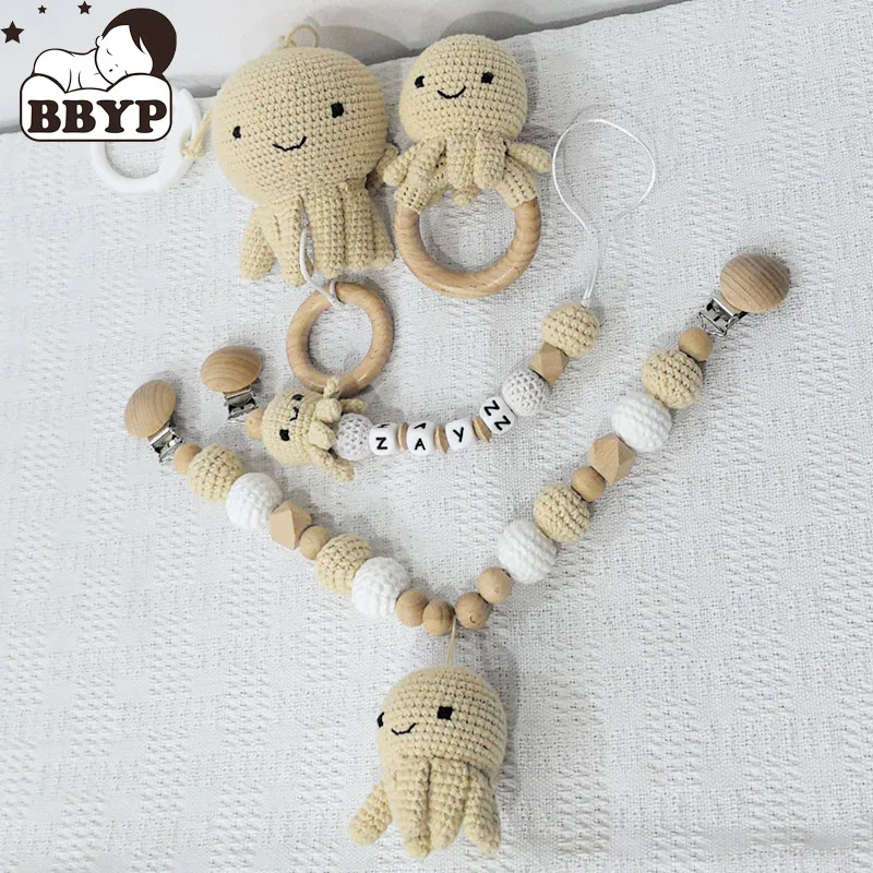 Kinderwagenkette Schnullerkette mit Namen, Fitnessstudio, pädagogischer Ring, Zahnspielzeug, Baby-Baumwolle, Oktopus, Holzring, Rassel, Häkelwolle
