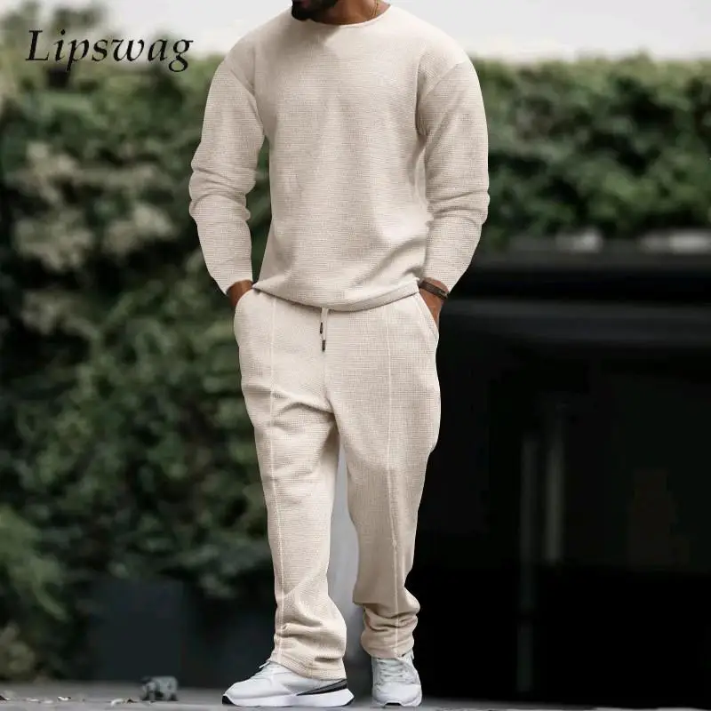 

Waffle Solid Color Mens Tracksuits Autumn Casual O Neck Long Sleeve T Shirts And Pants Two Piece Sets Men Fashion Loose Outfits