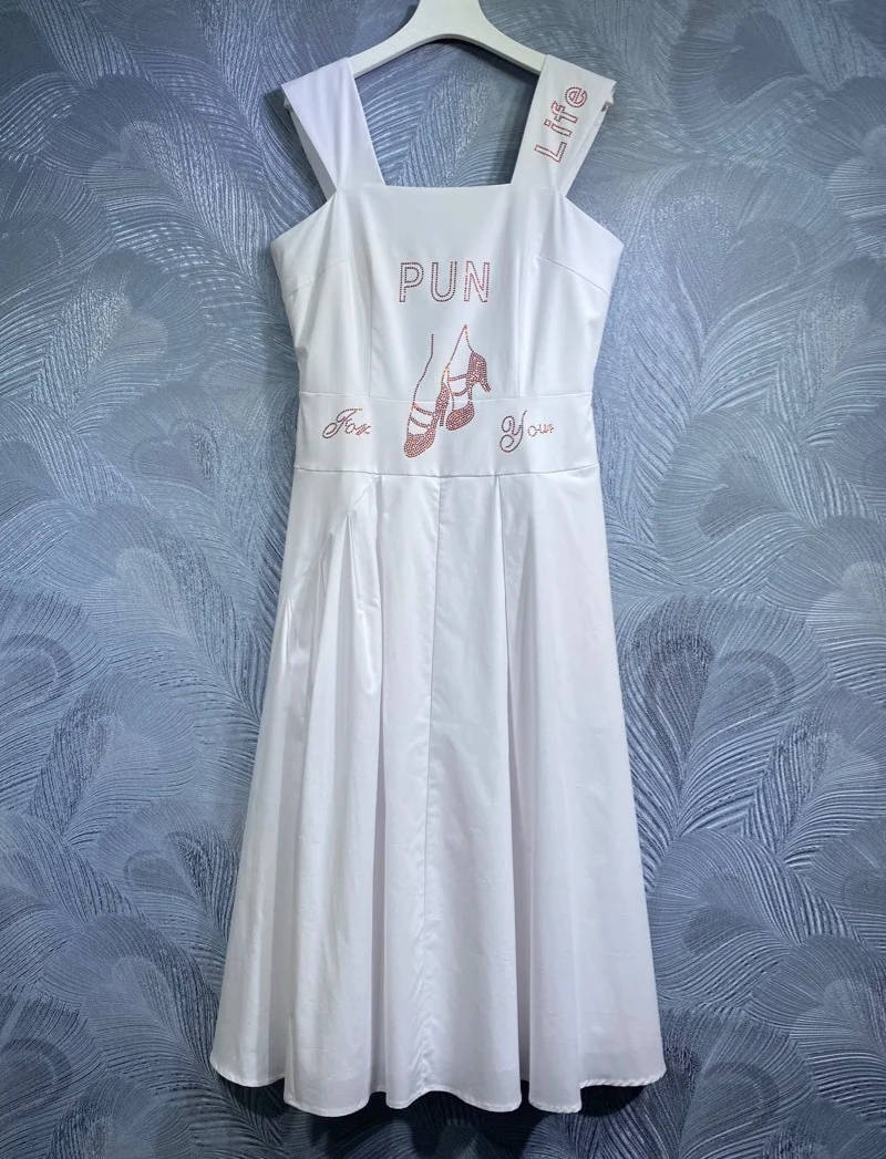 Cotton Dress 2024 Spring Summer Fashion Design Dress High Quality Ladies Spaghetti Strap Beading Deco Sleeveless White Dress