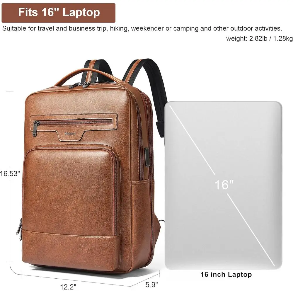 Shrrie Leather Laptop Backpack or Women and Men,28 L Travel Backpack Computer Bag its 16 inch Laptop,Expandable Casual Daypack w