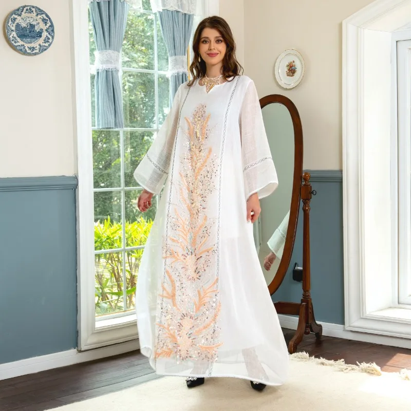 

Wepbel Sequin Women Abaya Robe Islamic Clothing Embroider Beaded Muslim Dress Kaftan Saudi Mesh Dress Jalabiya Kaftan Gown