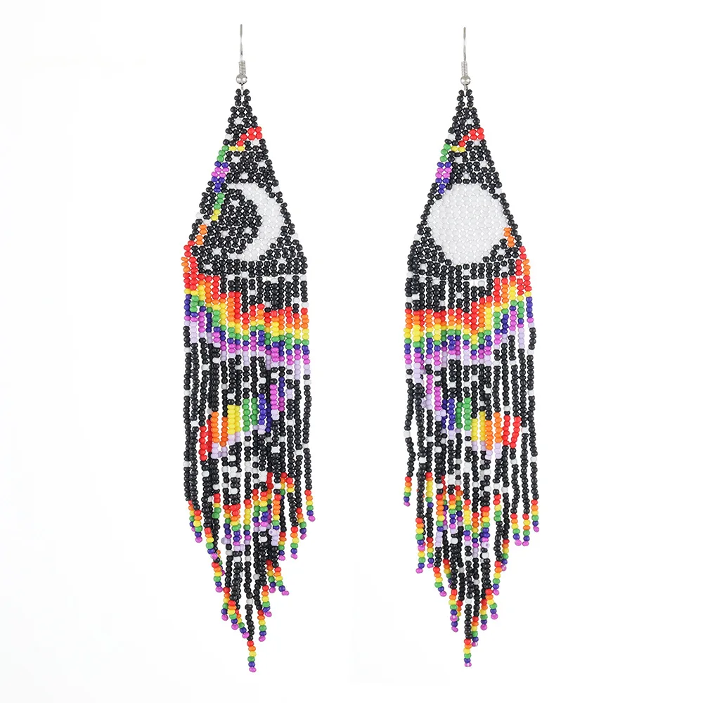 

Bohemia Rice Bead Earrings with Moon Starry Sky Color Mixing Tassel Hand-Woven Alloy Personality National Style Retro Beaded