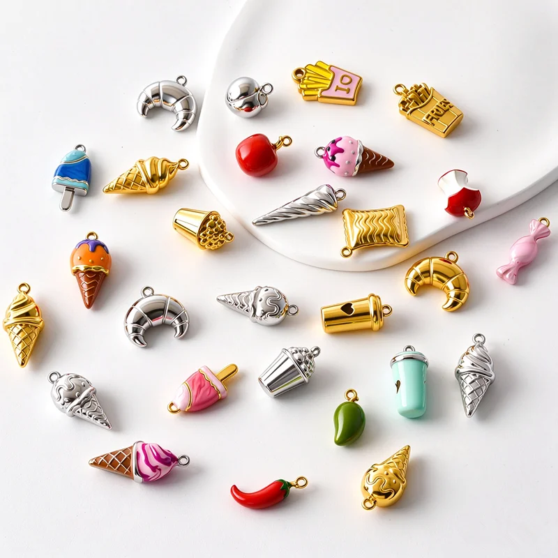 8Pcs Stainless Steel 3d Popcorn French Fries Hamburger Pendant Cute Ice Cream Cake Croissant Charms Bisutería Materiales Making