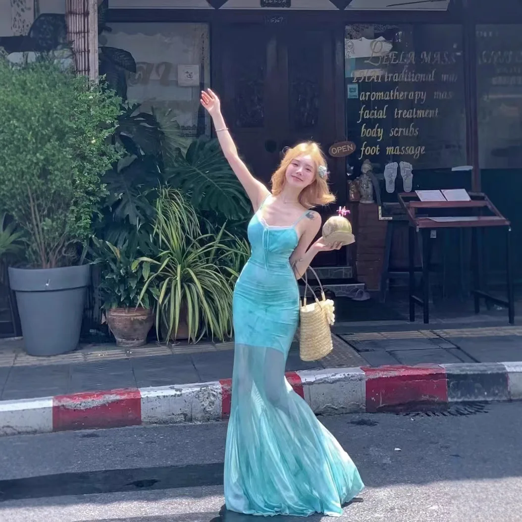 

Lace Patchwork Spaghetti Strap Long Dresses Women Summer Vacation Style Sexy Package Hip Slim Mesh Dresses See Through Fashion