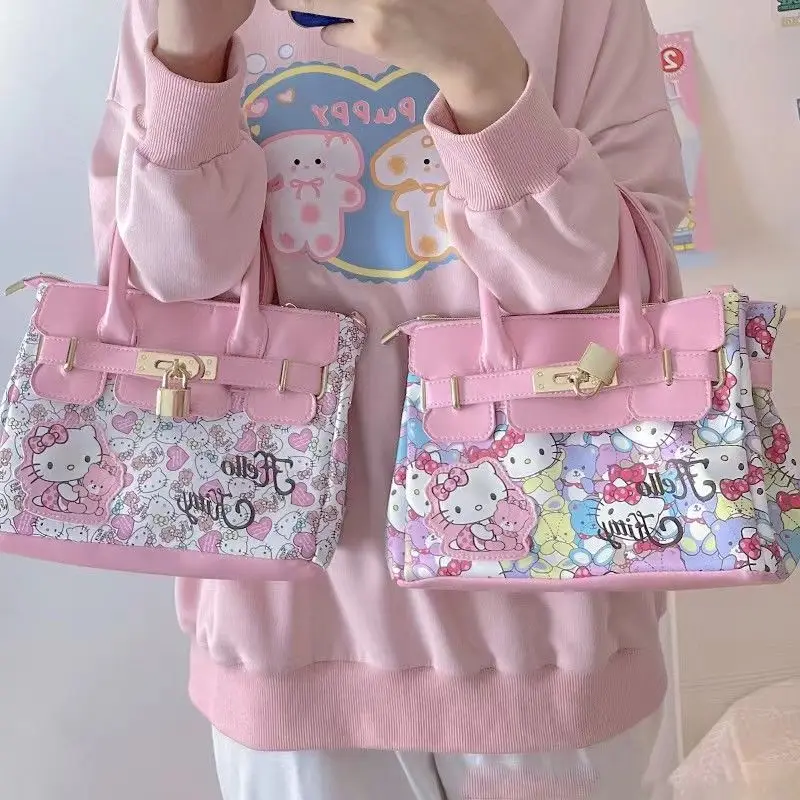 Sanrio Hellokitty Elegant PU Square Handbags Kawaii Cartoon Kitty Y2k Shoulder Bag Pink Lolita Girl Crossbody Bags Birthday Gift