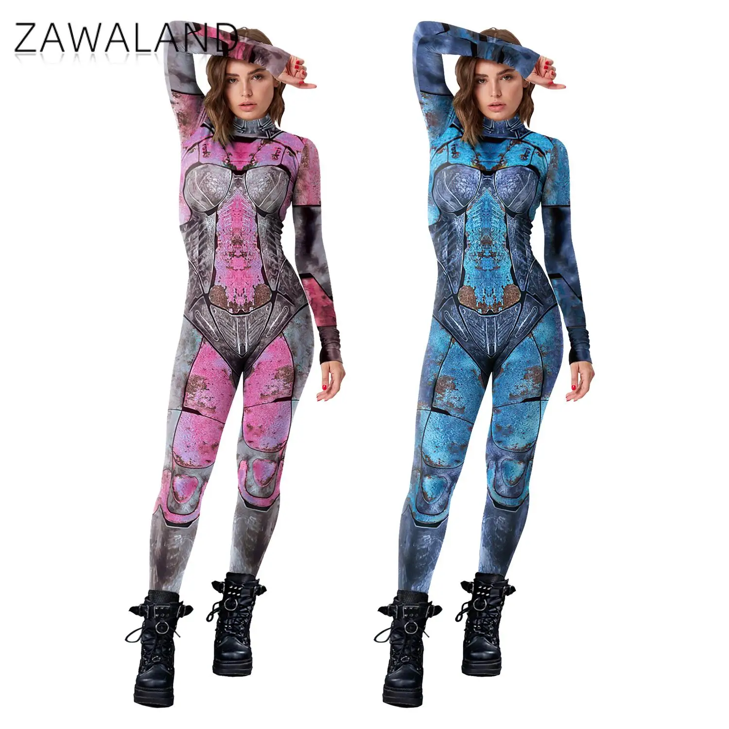 Zaw aland Retro Roboter Cosplay Kostüm Fitness Zentai Bodysuit Punk Steampunk Langarm Overalls zurück Reiß verschluss Halloween Outfit