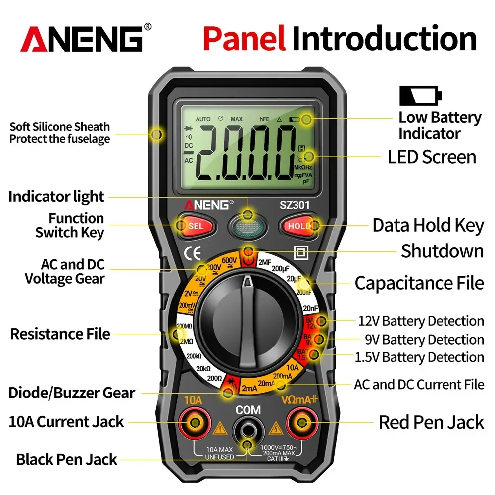 ANENG SZ301 Digital Multi range Multimeter AC/DC Voltage and Current Automatic Tester Resistance Ohm Current Meter Capacitance M