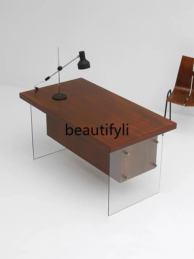

Asmt56 Medieval style desk glass table legs retro designer walnut color desk wabi sabi minimalist modern minimalist