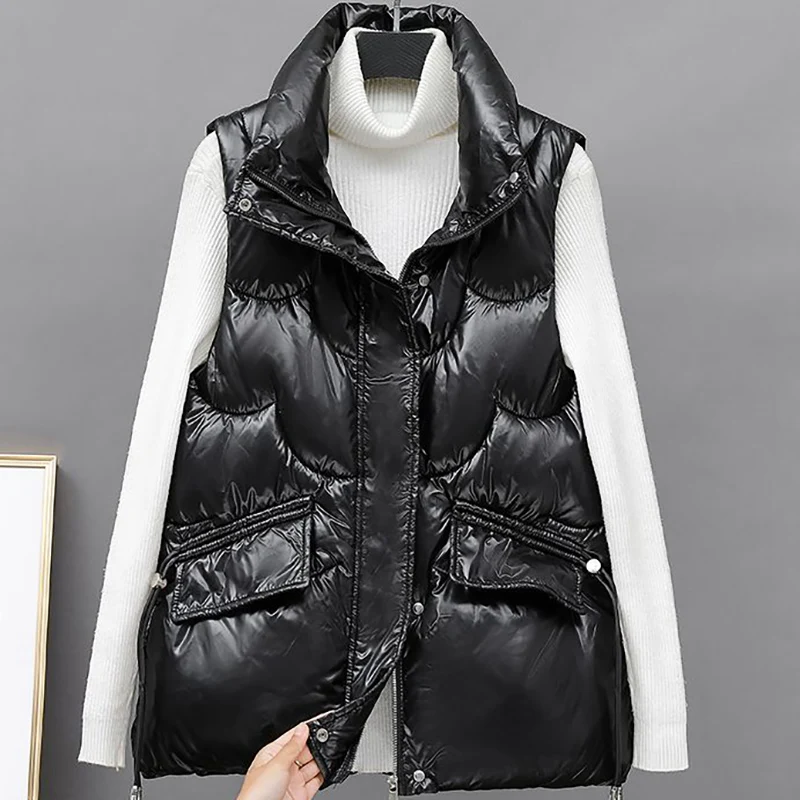 

2023 Winter Women Bright Face Cotton Vest Washing Free Fashion High Street Cardigan Warm Coat Female Thicken Sleeveless Jacket