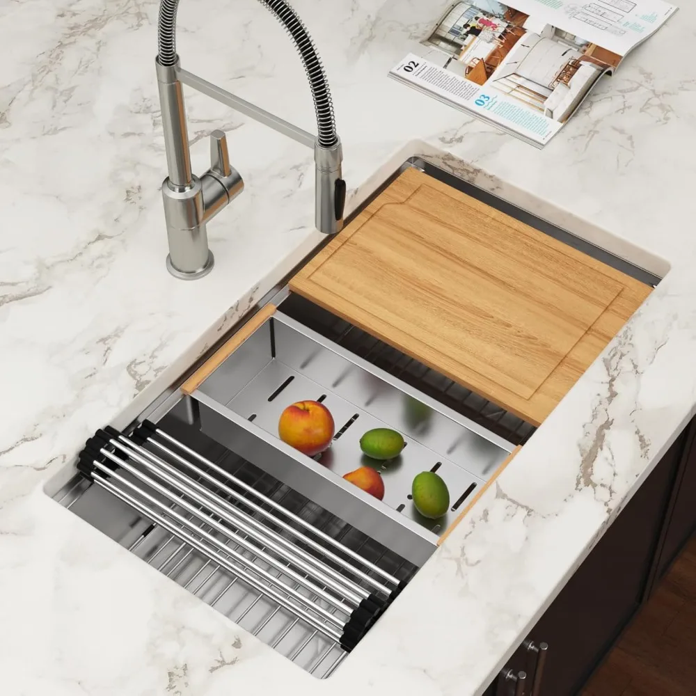 30 Inch Undermount Kitchen Sink 16 Gauge Stainless Steel Workstation Round Corners Single Bowl Under Counter Kitchen Sinks Basin