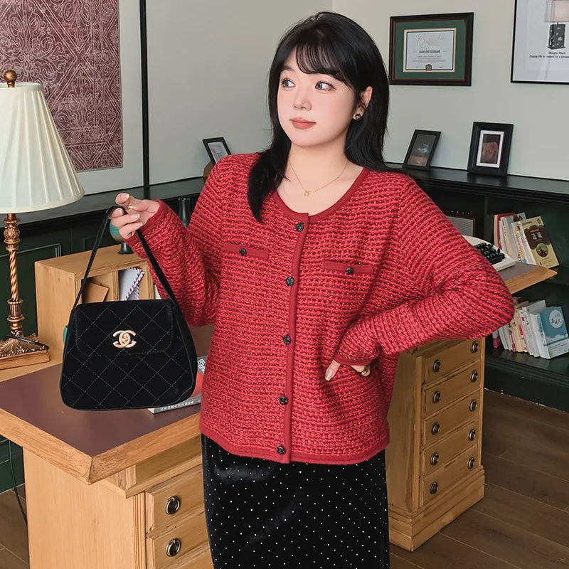 

plus Size Knitted Sweater Coat for Women Loose Fit Ele Ladylike Sle Long Sve round Ne Double Breasted Open Cardigan