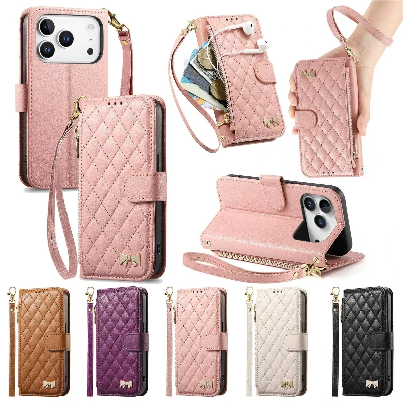 PU-Leder Brieftaschen-Kartenhalter-Hülle mit Trageriemen für iPhone 17 16 14 13 15 12 11 Pro Max Plus Air 17E 16E – Stoßfeste Hüllen für Mädchen