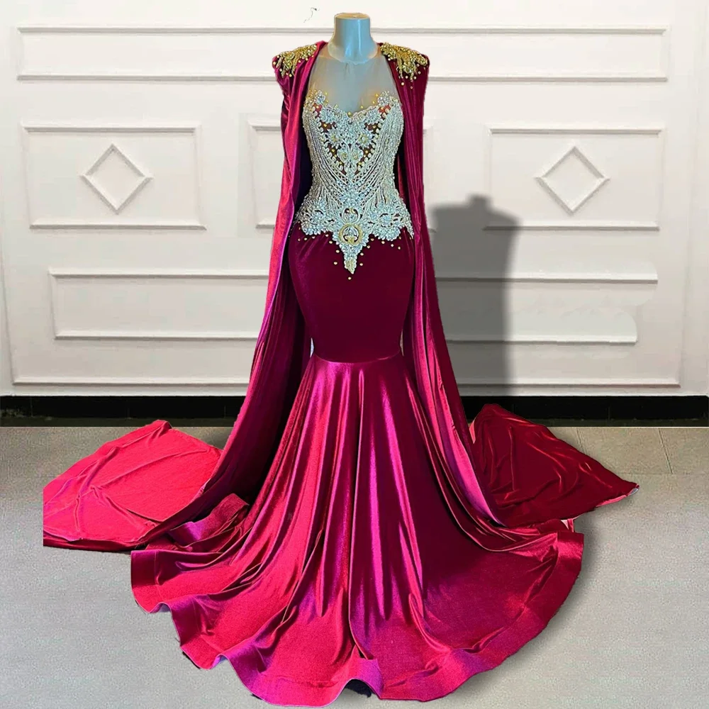 Long Mermaid Velvet Prom Dresses Luxury 2025 Open Back Cape Bead Gold African Women Formal Occasion Evening Gala Gown Customized