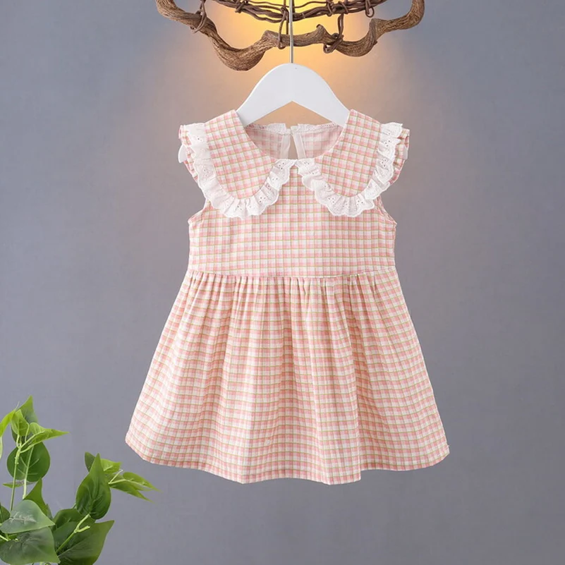 Summer 2024 Girls\' Fashion Casual Solid Color Lace Sleeveless Plaid Dress, 1-4 Years Old