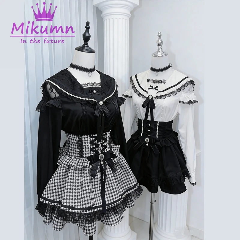 

Mikumn Gothic Lolita Blouse and Skirt Sets Women Sailor Collar Lace Ruffle Shirt+Pearl Bow Mini Skirt Two Piece Suit Y2k Outfit