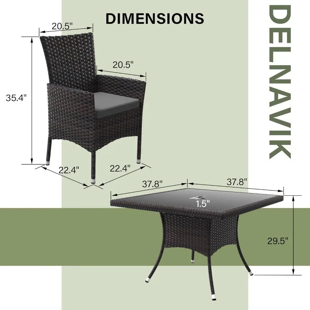 15 Stuks Terras Buiten Dineren Set, Rieten Meubels Set Van 12 Rotan Stoelen Met Zachte Kussens En Twee Vierkante Tafel Met Paraplu Uitgesneden