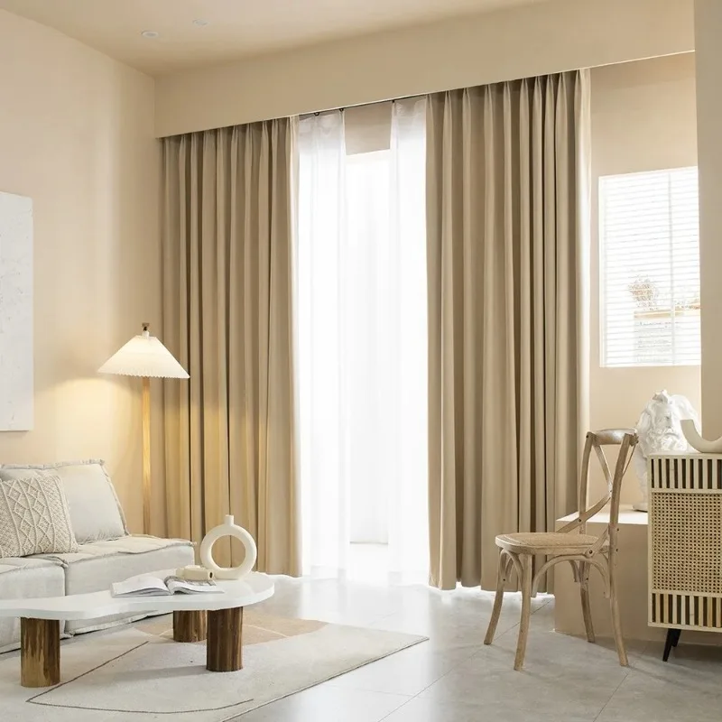 Modern Minimalist Blackout Curtains Light Luxury French Milk Tea Color Flannel Living Room Bedroom Curtain Finished Products