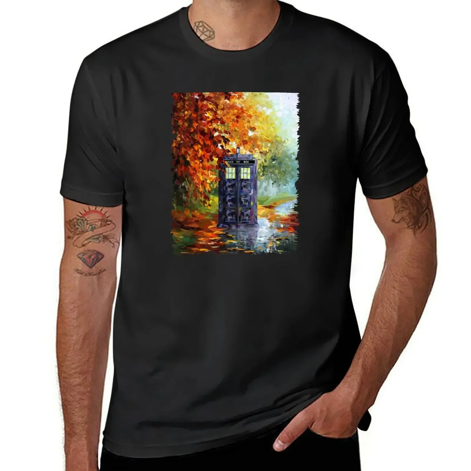 Blue Phone booth with autumn views T-Shirt shirts graphic tee sublime for a boy t shirt men 100℅ cotton