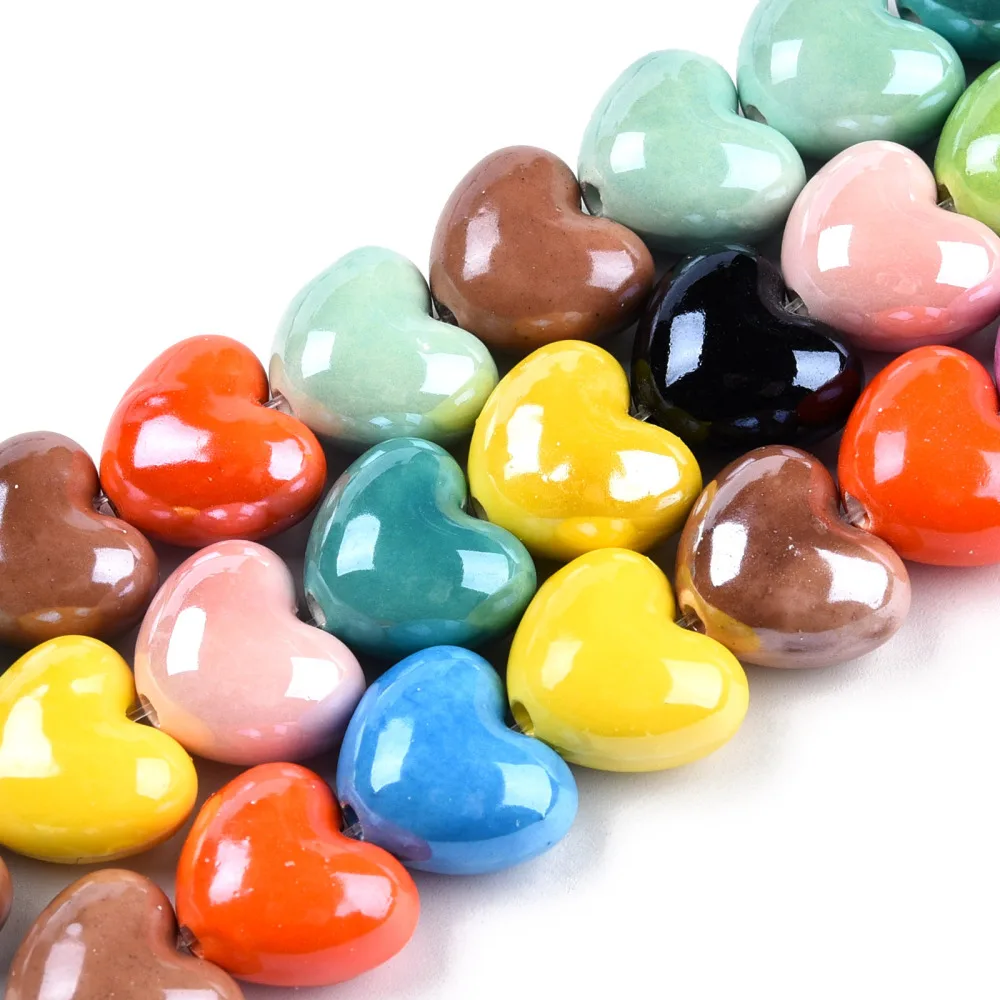 10Strand Bright Glazed Heart Flower Porcelain Beads for jewelry making DIY bracelet necklace earring crafts decor MIx Color