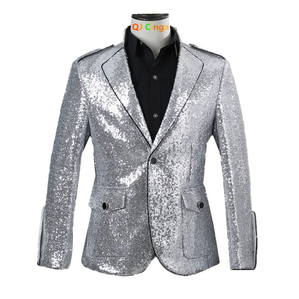 

2026 Новый мужской пиджак с пайетками — блестящий серебряный блестящий пиджак для вечеринки, сцены, свадьбы, одежды для выступлений — облегающее официальное пальто
