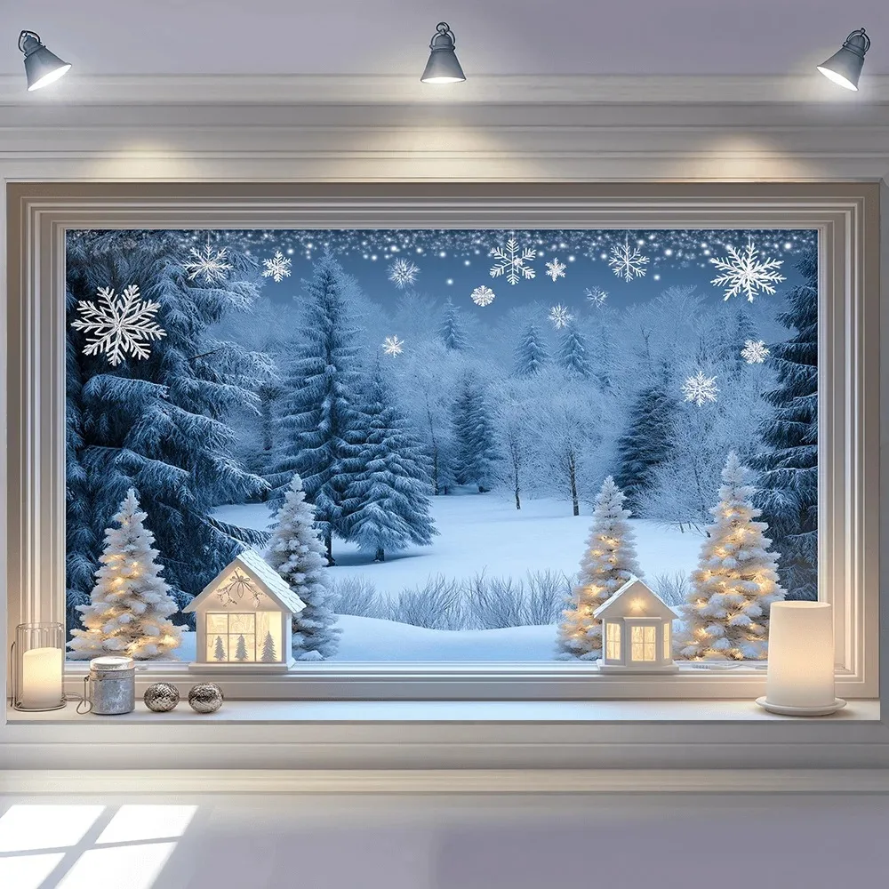 Winter Wonderland Snowy Window View Tapestry - Festive Holiday Wall Decor with Snowy Forest, Pine Trees & Snow-Covered Landscape