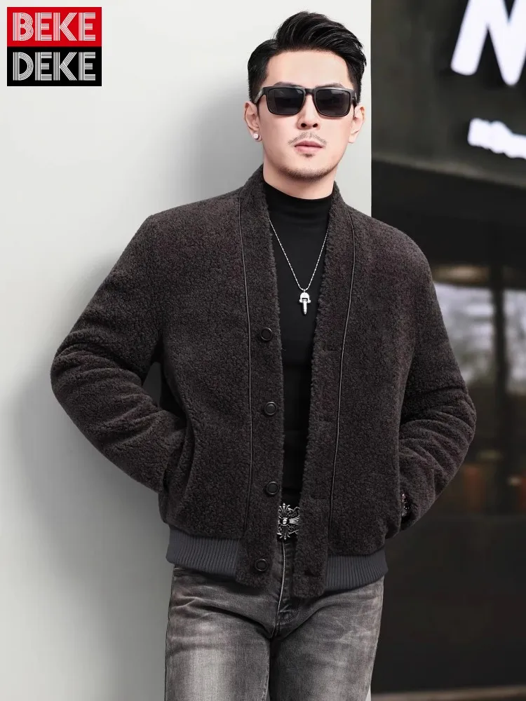 Winter Mens Wool Coat Thicken Warm Padded Liner Single Breasted Comfortable Casual Streetwear V Neck Sheep Shearing Short Coat