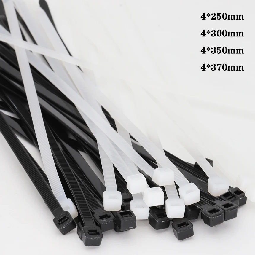 4*250/300/350/370mm 3.2/3.6mm Width White Black Cable Wire Self-Lock Nylon Plastic Strap Wrap Ziptie Bundle Zip Ties Cable Tie