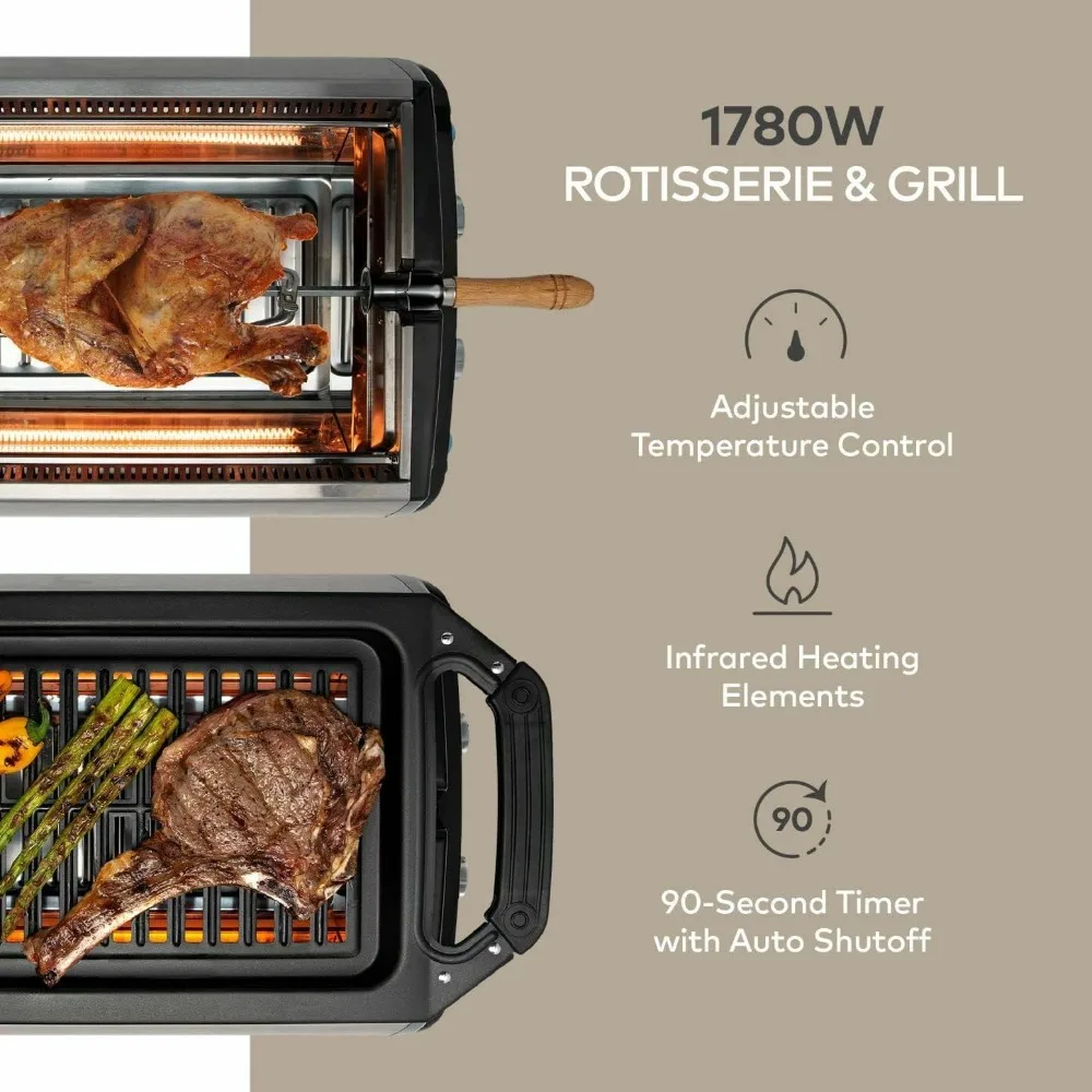 Smokeless Indoor Grill Removeable Plates Non-Stick BBQ Electric Grill Indoor, with Infrared Technology, Kebab Set, Rotisserie