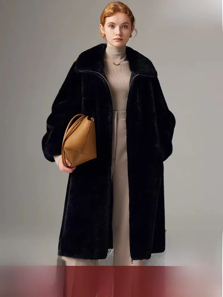 

Youthful Mid-Length Fur-and-Skin-One-Piece Outerwear Women's Winter Coat with Waist-Cinching Cord Water-Resistant Mink Velvet
