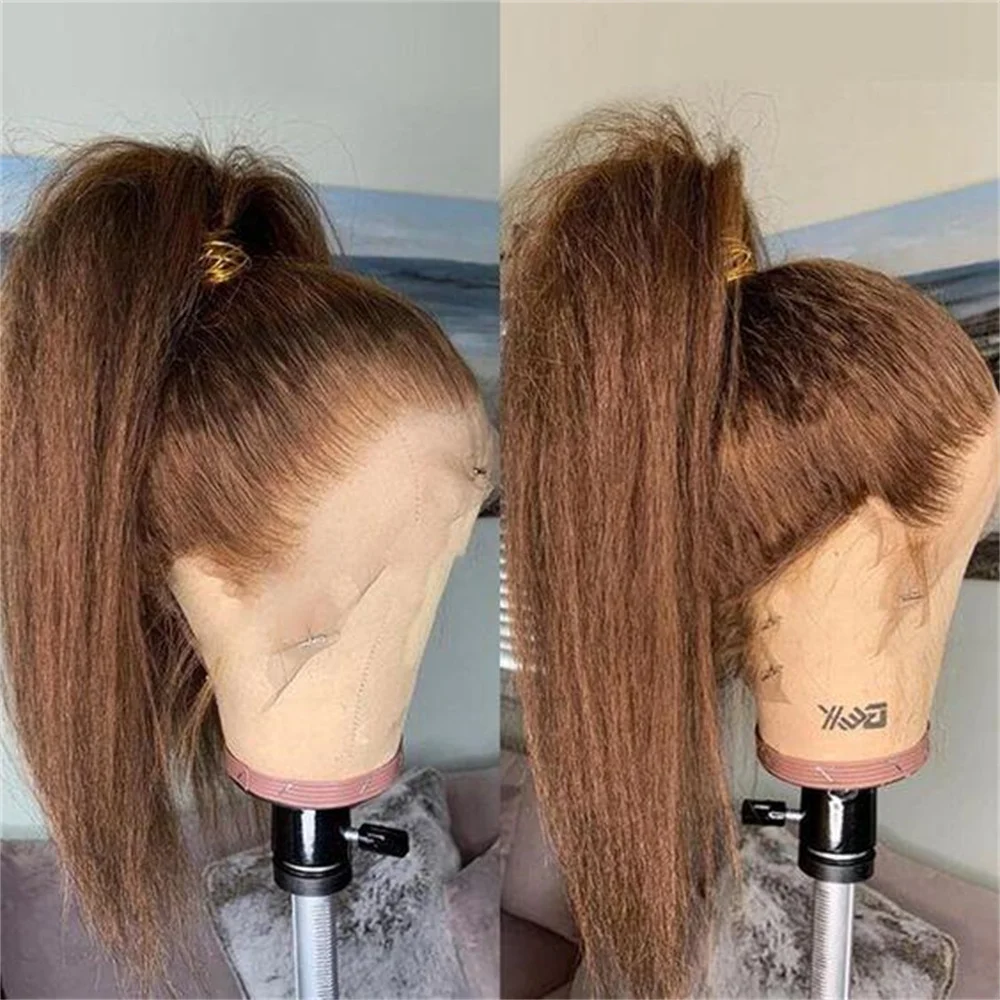 Soft Glueless Blond 28Inch 180Density Yaki Kinky Straight Lace Front Wigs For Women BabyHair Preplucked Daily  Fashion Synthetic