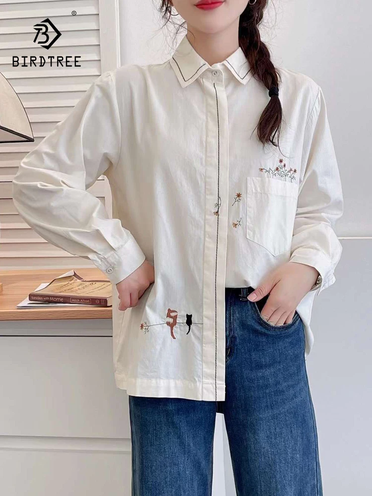 

New 2026 Spring Women Cotton Long Sleeve Shirt, Turn-down Collar Embroidery, Mori Girl Fashion Commute Loose Blouse T62951CC