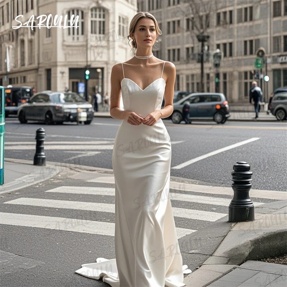 

Chic Simple Satin Bride Dresses Sheath Long Customized Wedding Dress Modern Cheap Ivory Bridal Gown Spaghetti Straps Gwon