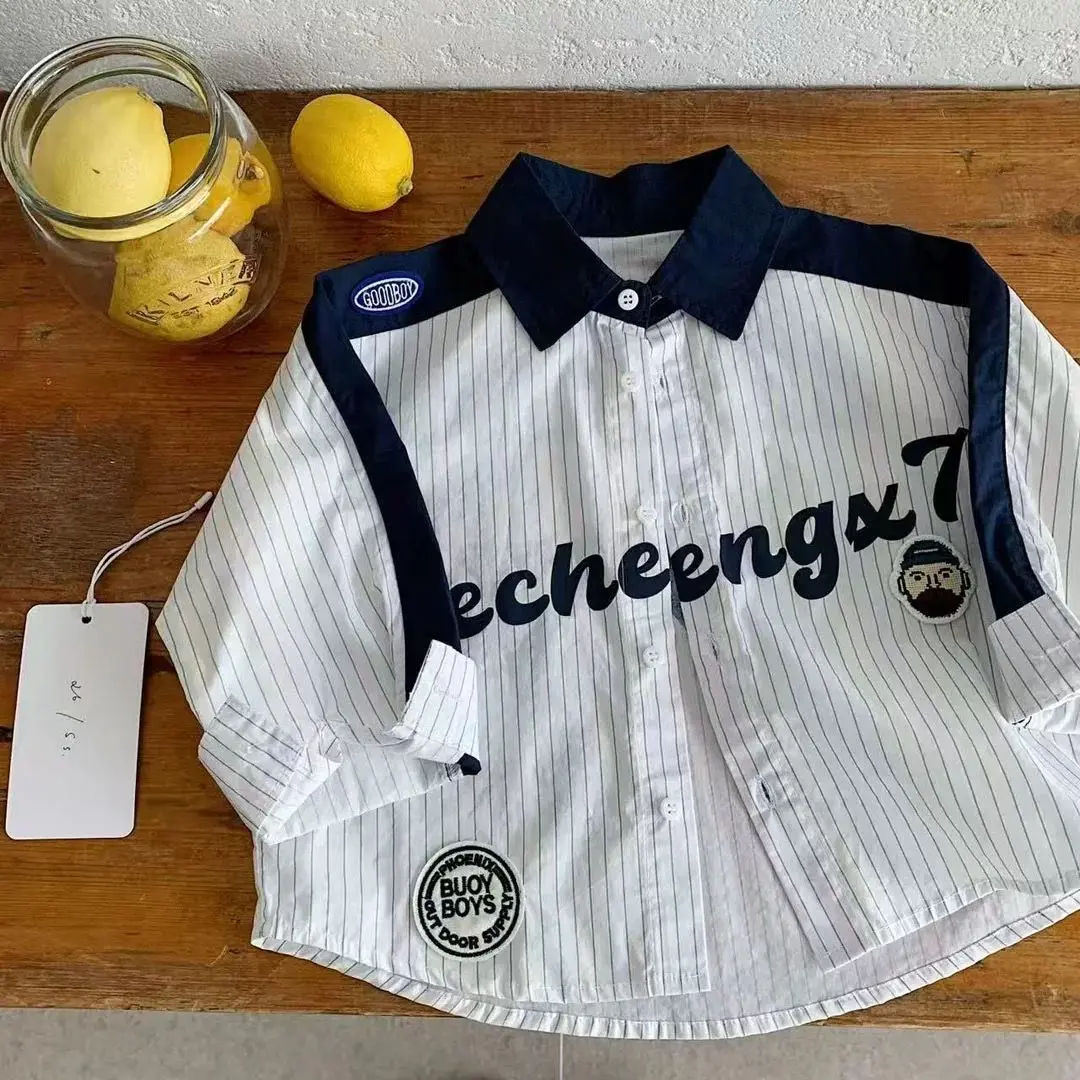 Spring Boys Letter Print Shirt Kids Korean Style Striped Button Up Top Toddler Casual Cotton Blouse Fashion Children Clothing