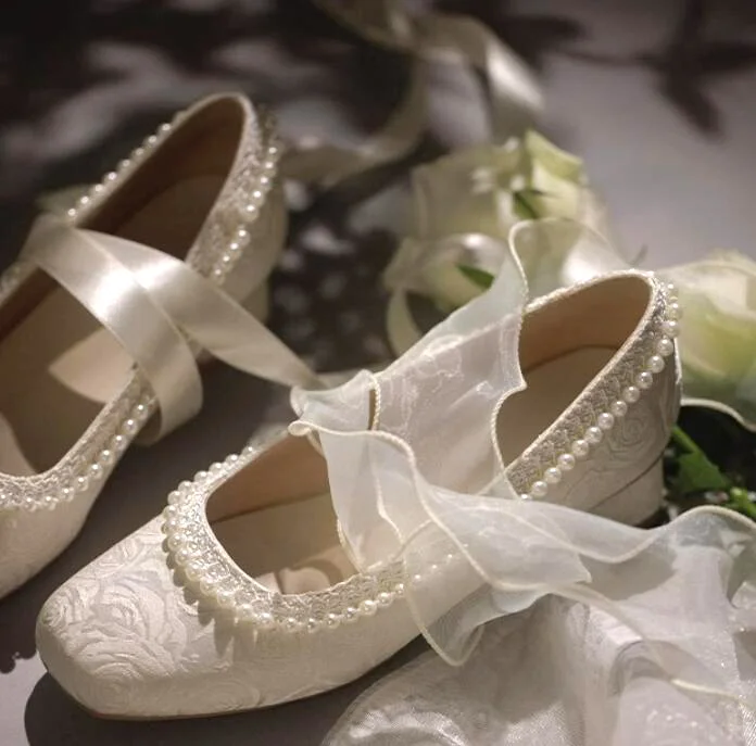 Beige White Flower Satin Pearls Mary Jane Single Pumps Women Chunky Heels Mesh Bandage Summer High Heel Shoes view 5