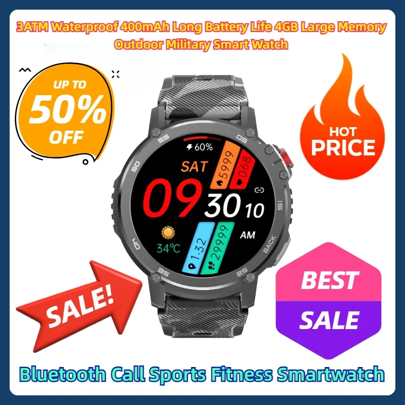 

3ATM Waterproof 400mAh Long Battery Life 4GB Large Memory Outdoor Military Smart Watch Bluetooth Call Sports Fitness Smartwatch