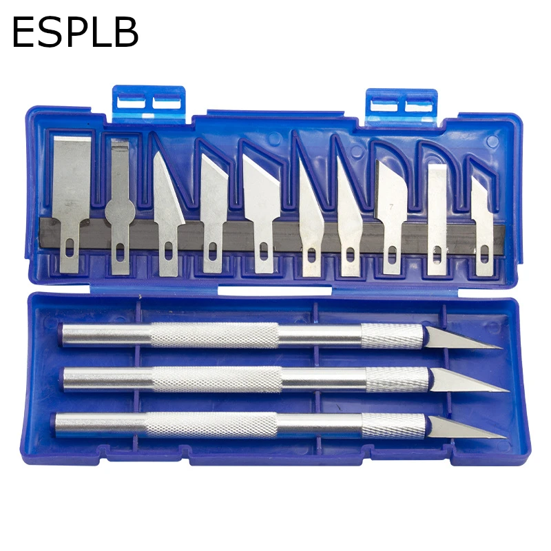 ESPLB 13pcs/Set Metal Scalpel Knife Portable Blue Box includes 3pcs Carving Handles & 10pcs Knife Blades DIY Manuel Repair Tool