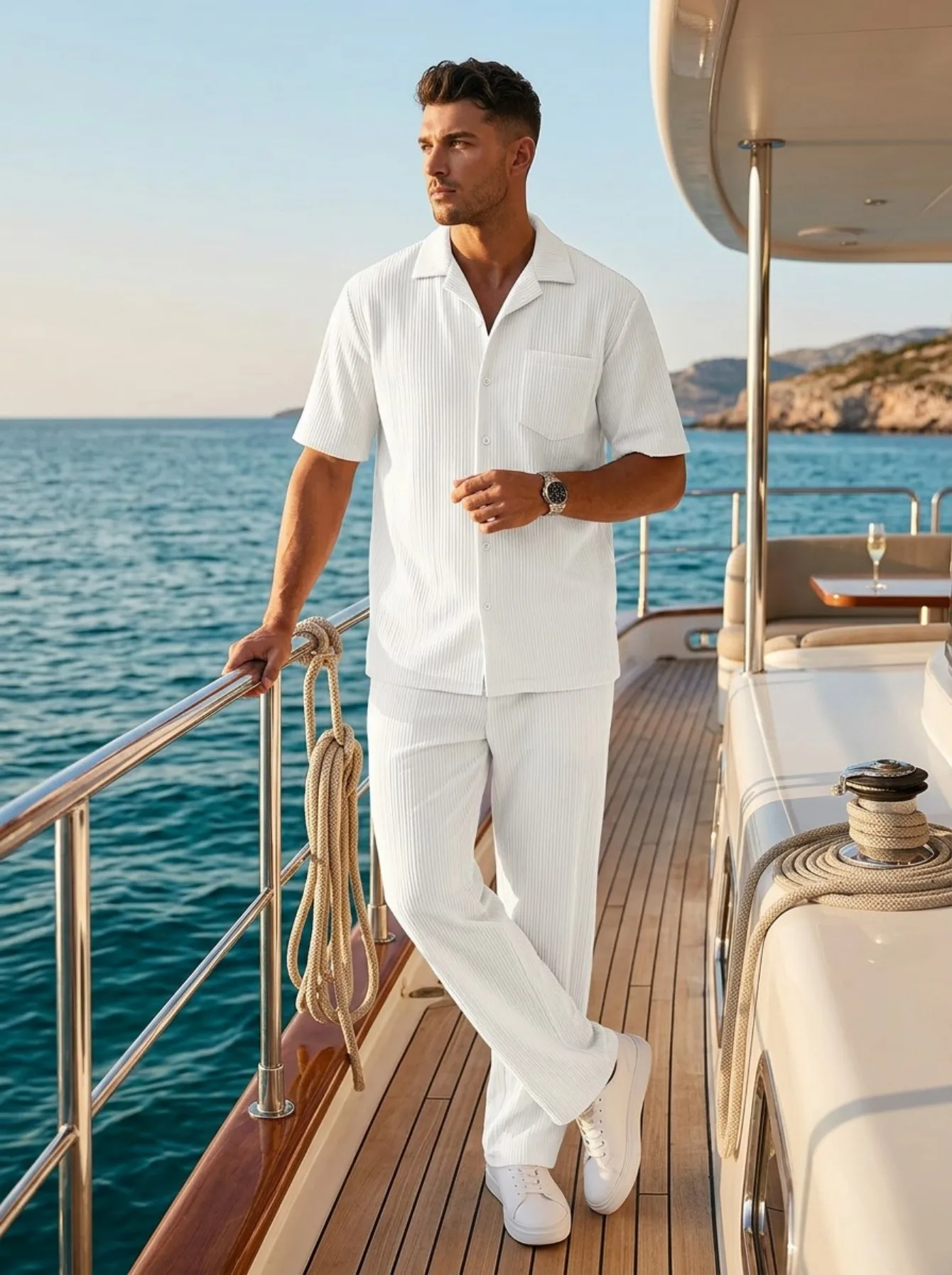 Men Pleated 2 Piece Outfits Lapel Short‑Sleeve Button Shirt & Straight Pants Set Loose Matching Suit For Summer Holiday Beach view 3