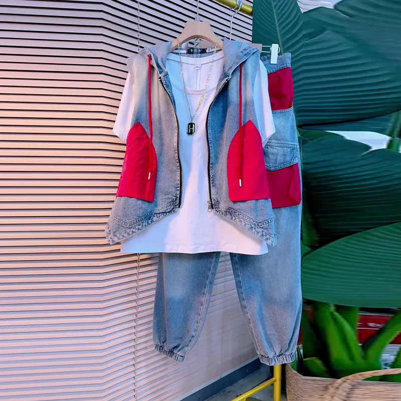 

Autumn New women suit pants set Patchwork Denim Worn-out Buckle Vest + leisure Pants Women Summer Two-piece Set