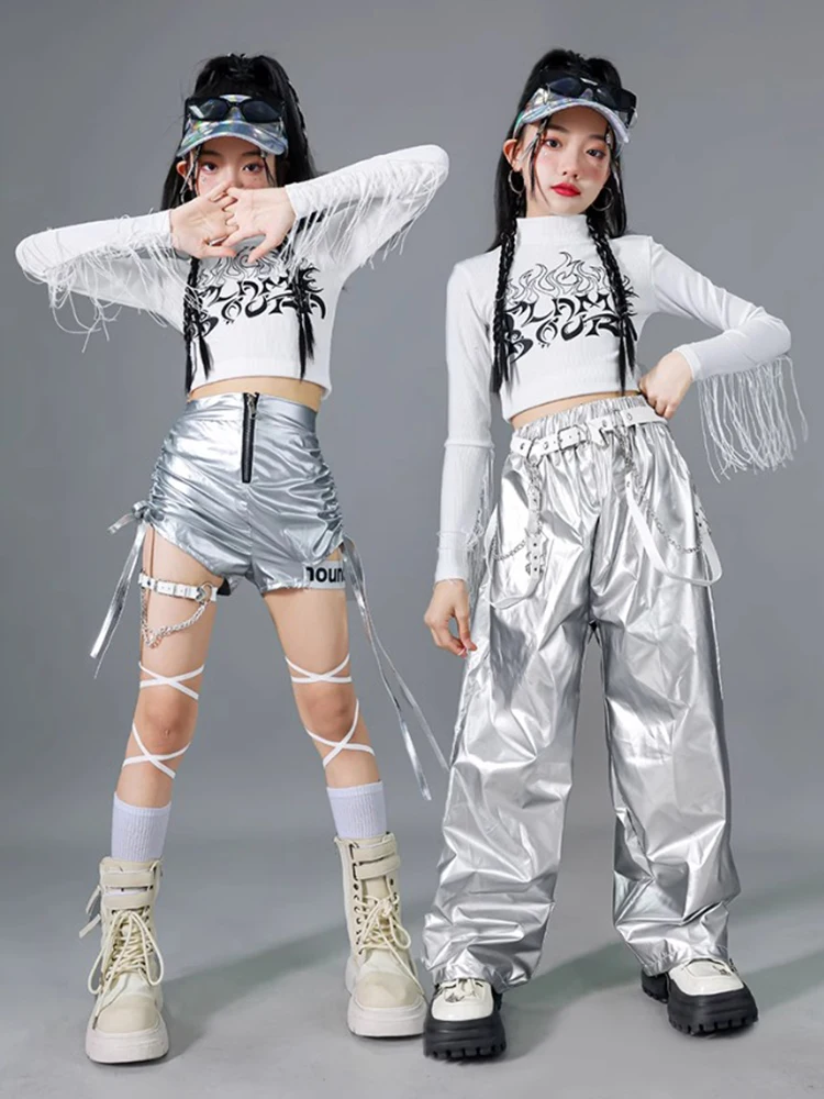 Mädchen Silber Jazz Dance Kostüm Quaste Crop Tops Hosen Rock Hip Hop Performance Kleidung Festival Bühne Set Straße Tragen BL14478