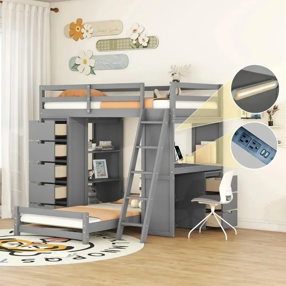 Bunk Beds, Twin Over Twin Bunk Beds with Built-in Desk & Shelves, Soild Wood Bed Frame with 5 Storage Drawers, LED Light Bed